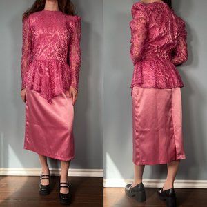 Vintage 80s Prom Dress, 1980s Pink Lace Sleeve Formal Midi Gown